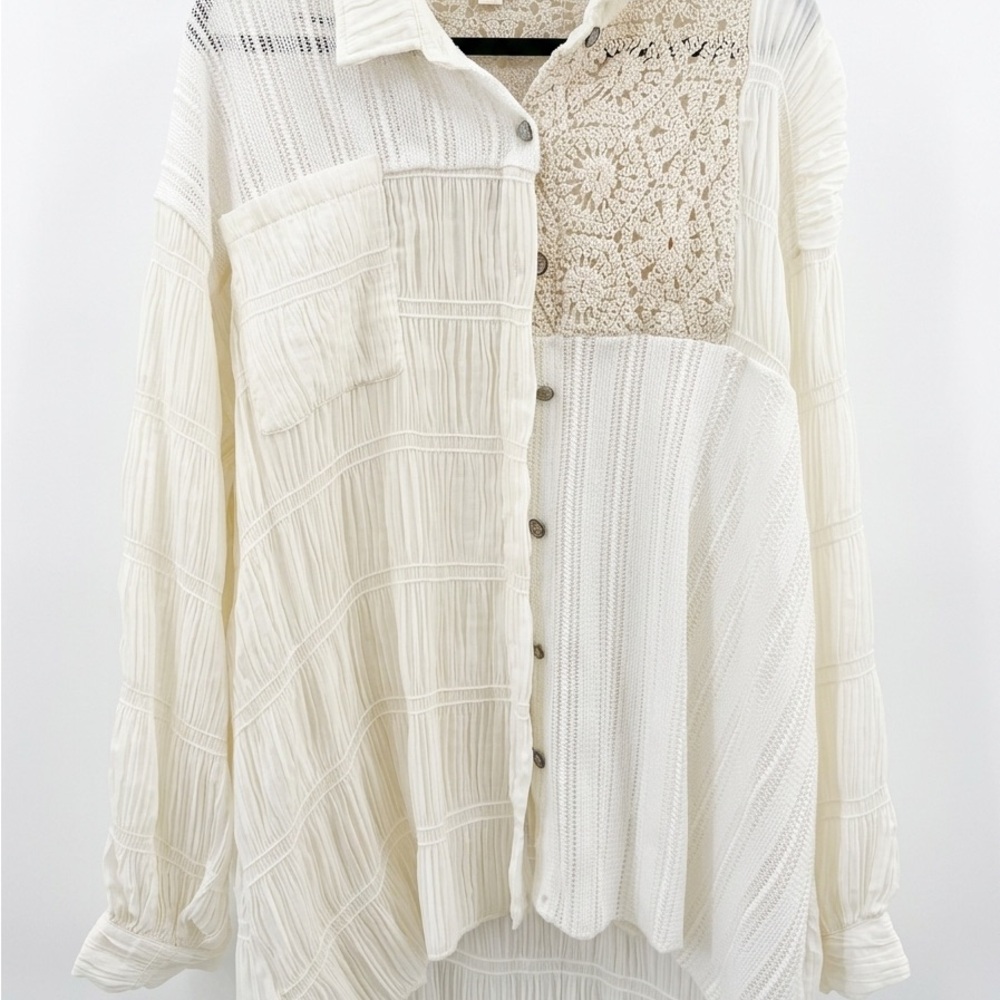 POL | Gauzy Lace Oversized Mixed-Texture Button-Up Top